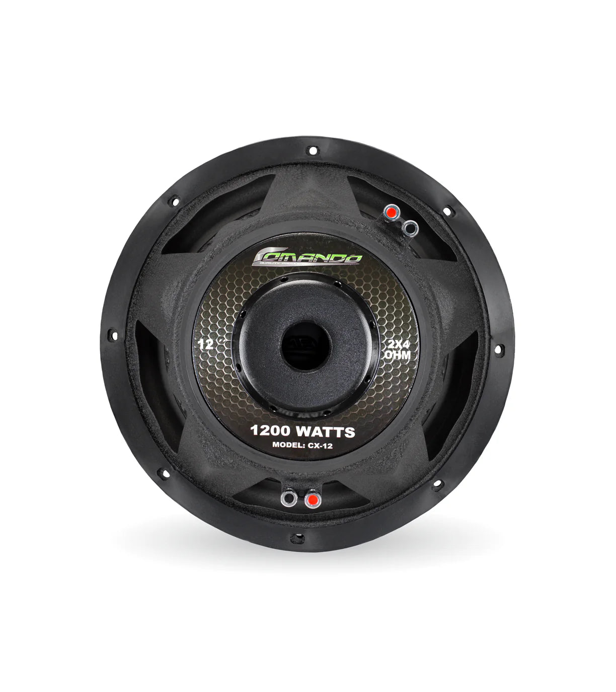 Car speaker with brand logo and specifications on a white background