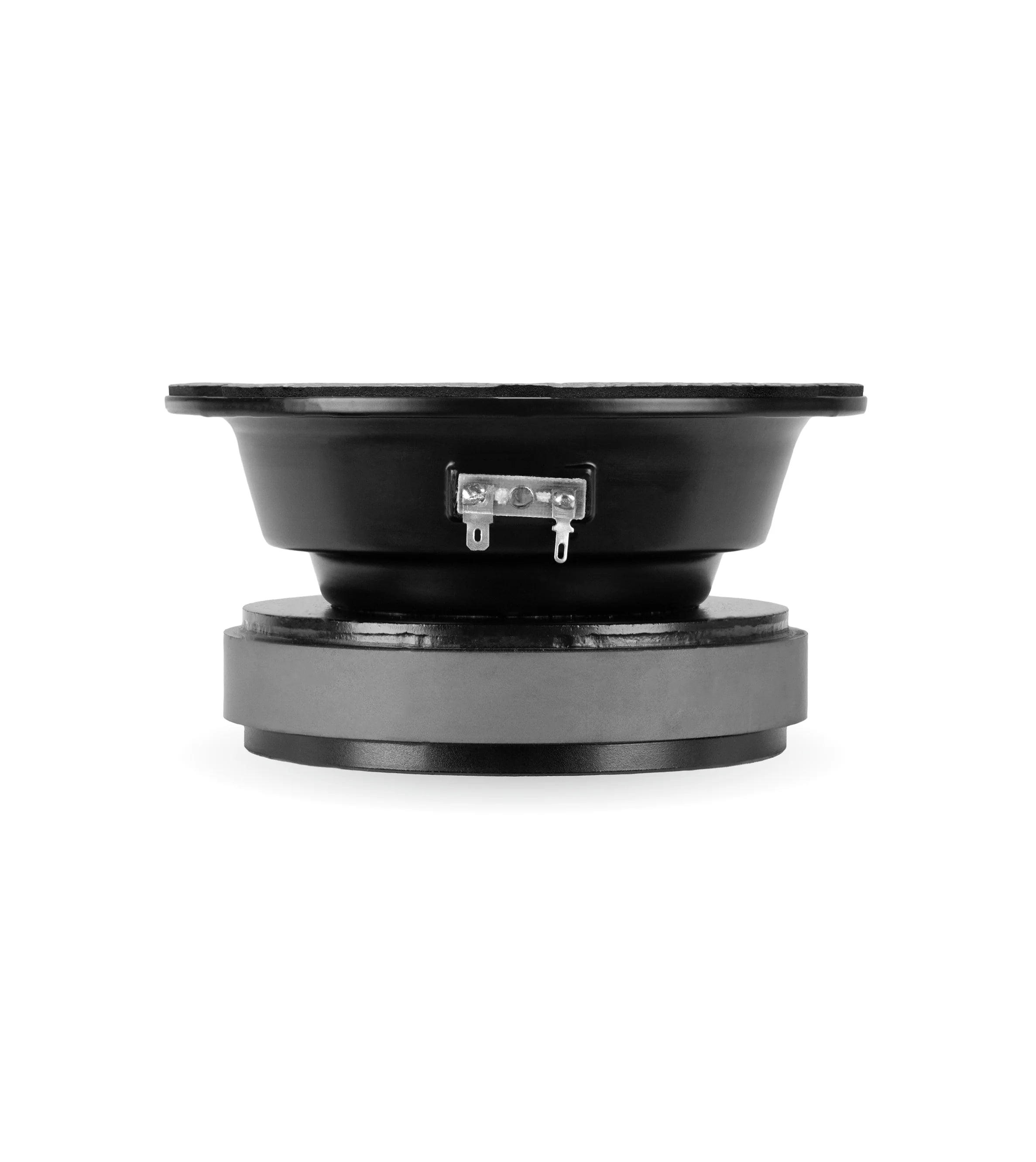 Speaker driver unit with a black cone and silver hardware on a white background