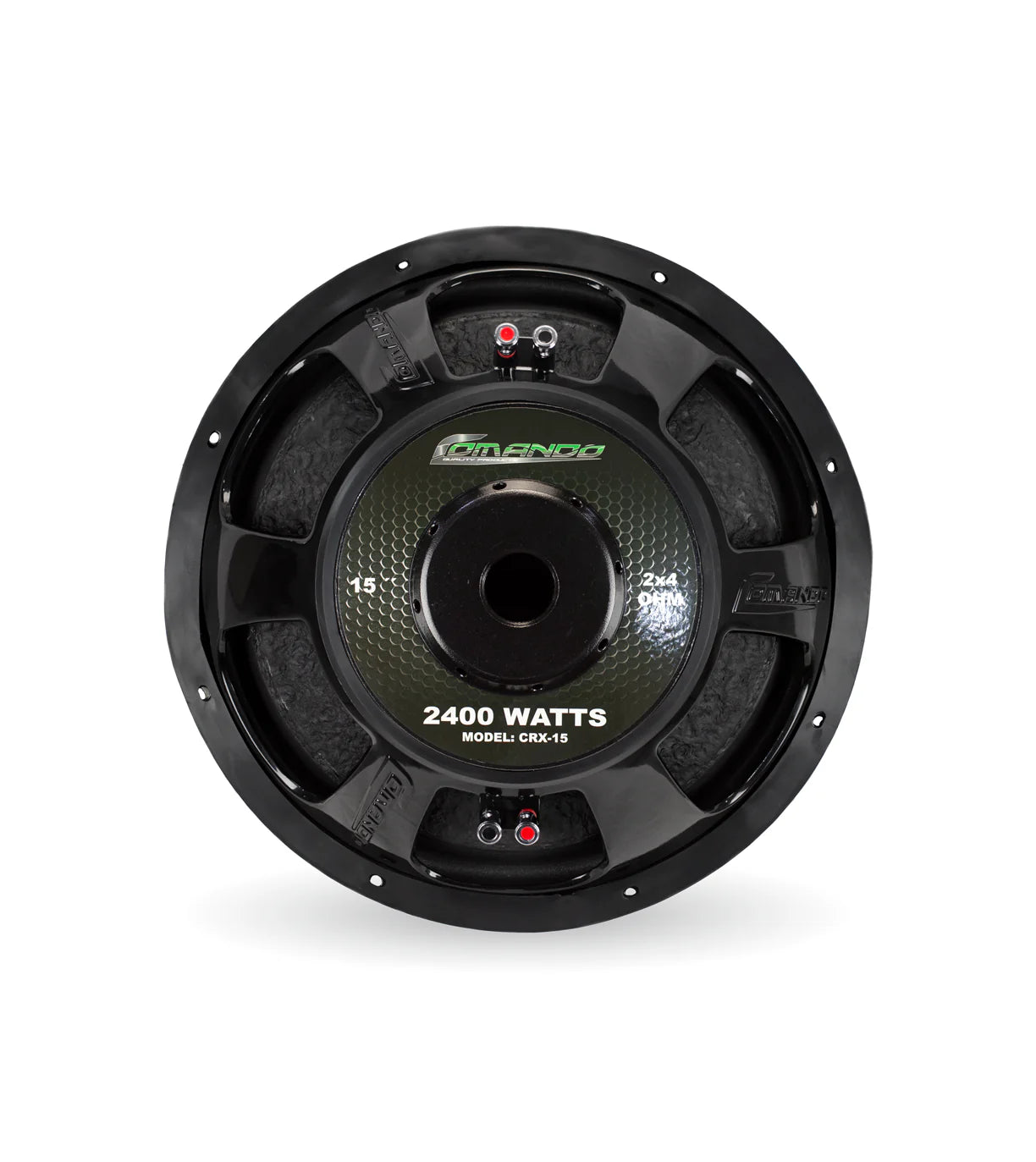 Car subwoofer with 'comando' branding and power rating on a white background