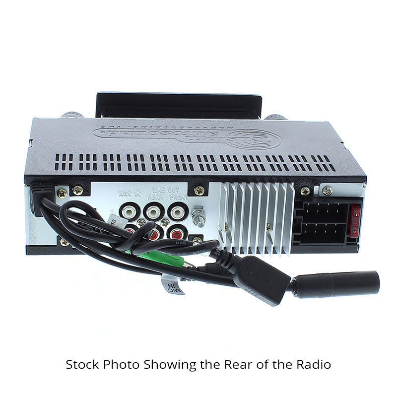 Rear view of a car radio with wiring on a white background