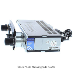 Side profile of a car radio unit with visible branding and specifications on a white background.