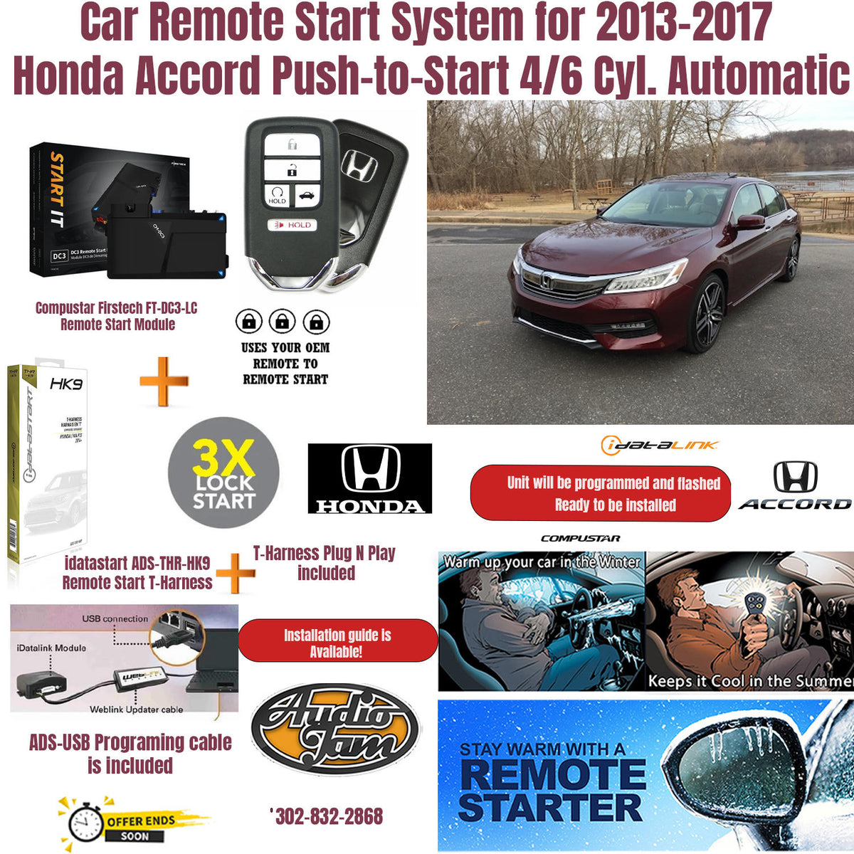 Car Remote Start System for 2013-2017 Honda Accord Push-to-Start 4/6 Cyl. Automatic Including ADS-USB Programming Cable.