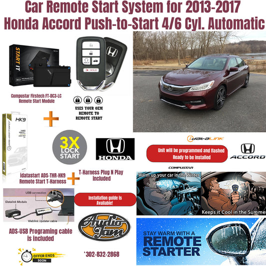 Car Remote Start System for 2013-2017 Honda Accord Push-to-Start 4/6 Cyl. Automatic Including ADS-USB Programming Cable.