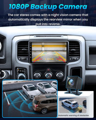 Car stereo with a 1080P backup camera system displaying night vision and obstacle warning features.