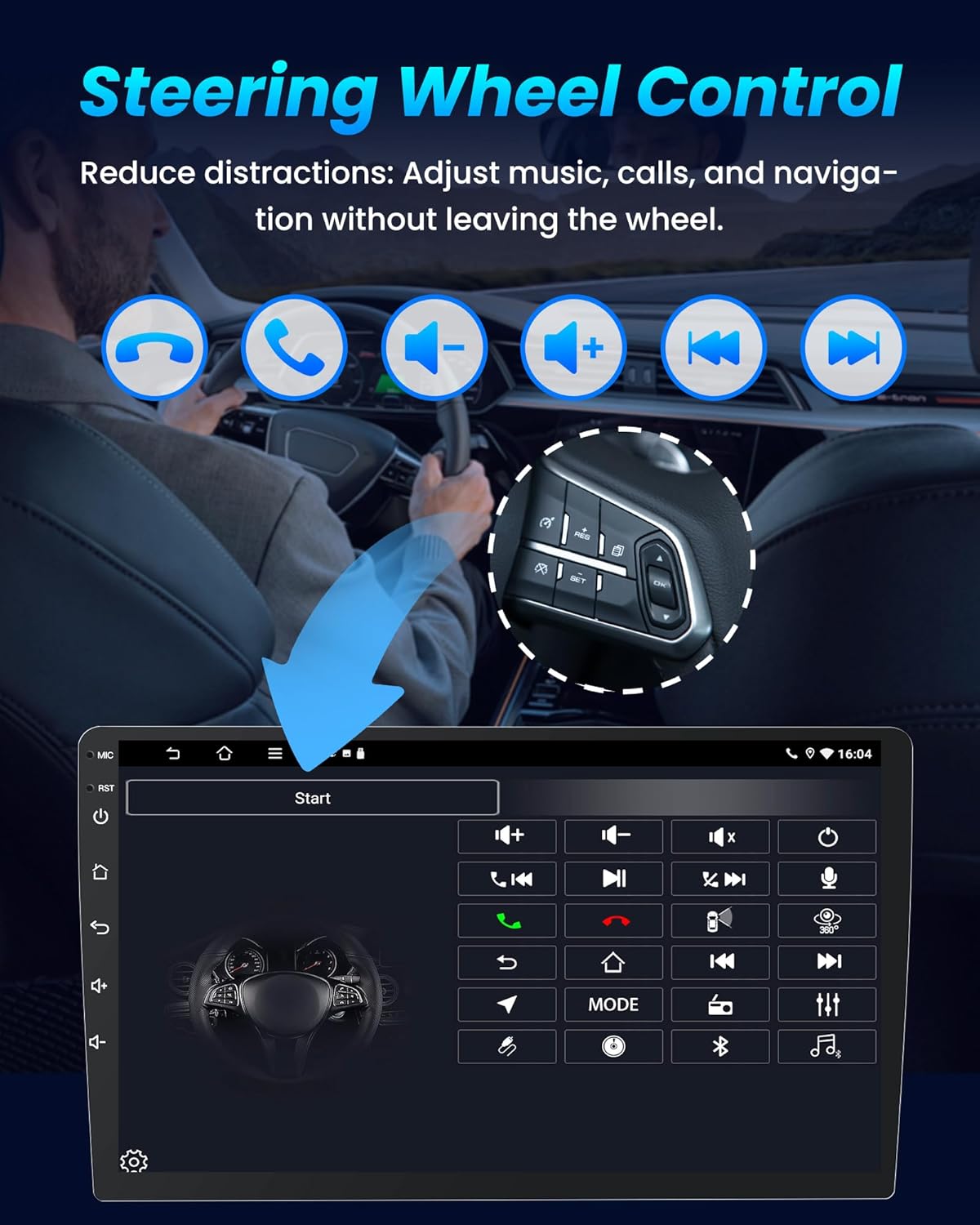 Steering wheel control system with touchscreen interface in a car interior.