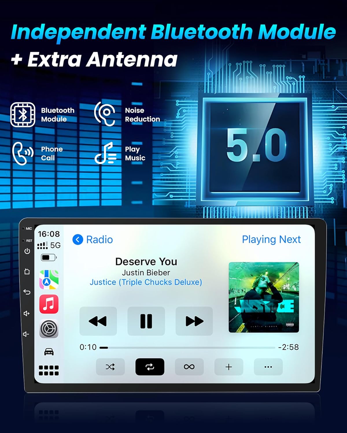 Car stereo system with Bluetooth module and antenna on a dark background