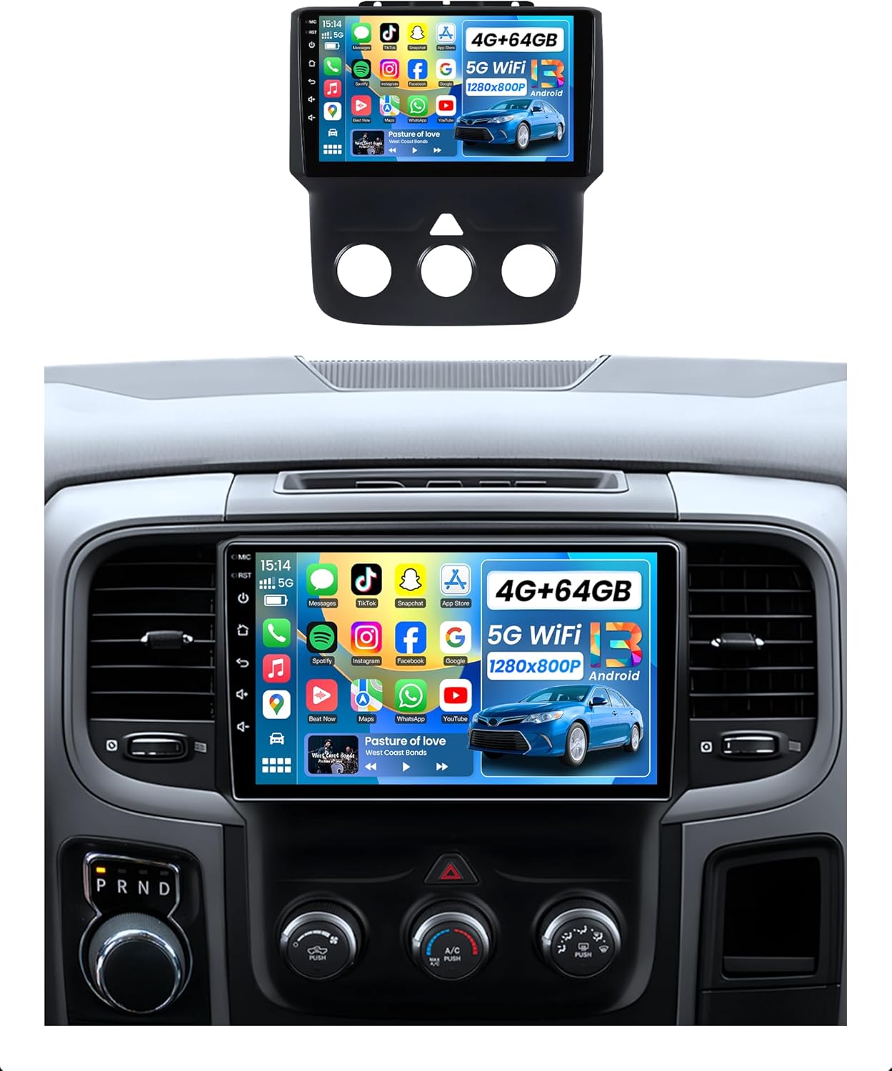Car dashboard with a mounted touchscreen display showing app icons and car information.