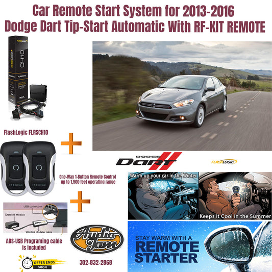 Car Remote Start System for 2013-2016 Dodge Dart Tip-Start Automatic + PE1BZ 1-Button Remote Control Kit 2 Remotes with up to 1,500 feet range + ADS-USB Programing Cable
