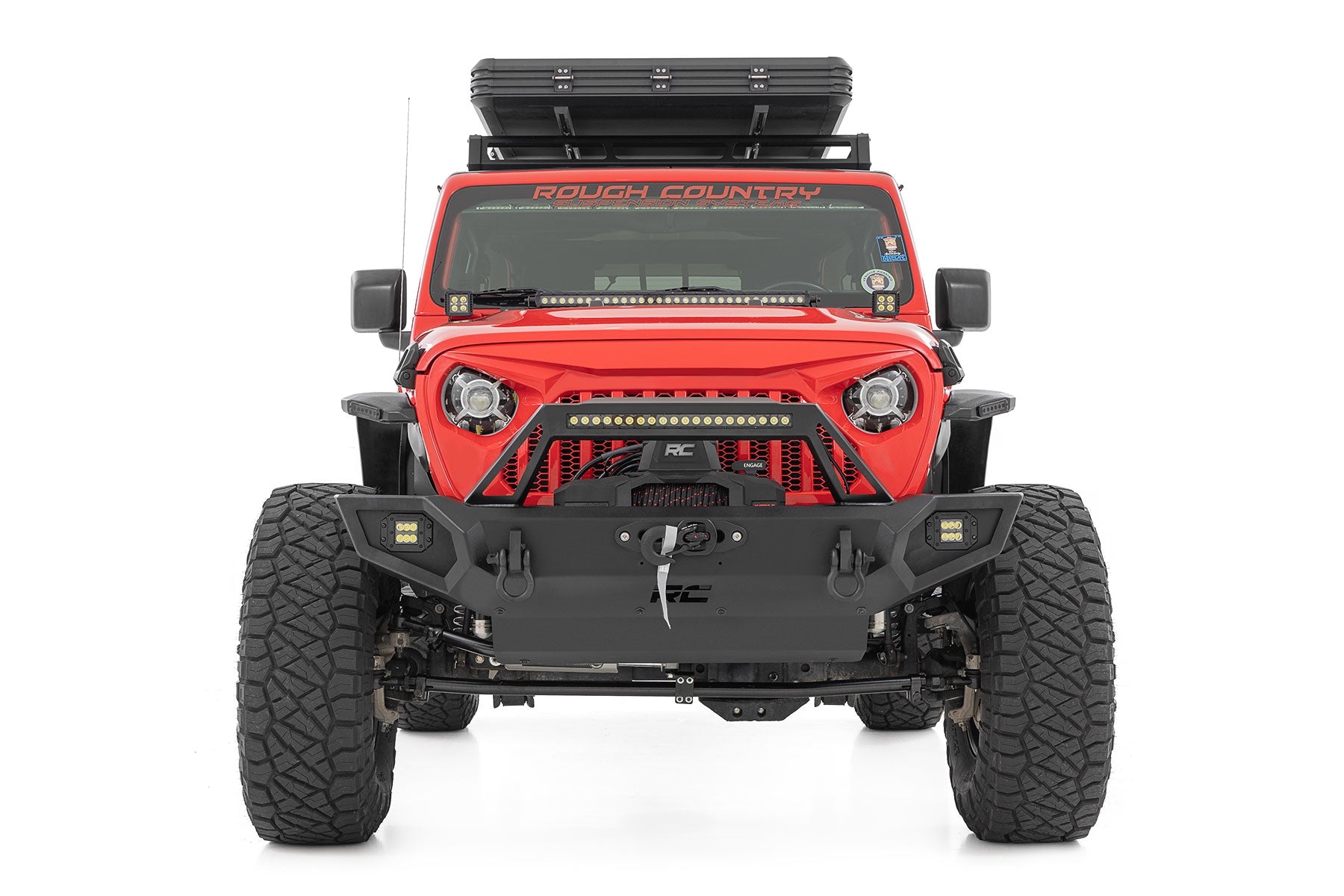 Red off-road vehicle with 'Rough Country' branding on a white background