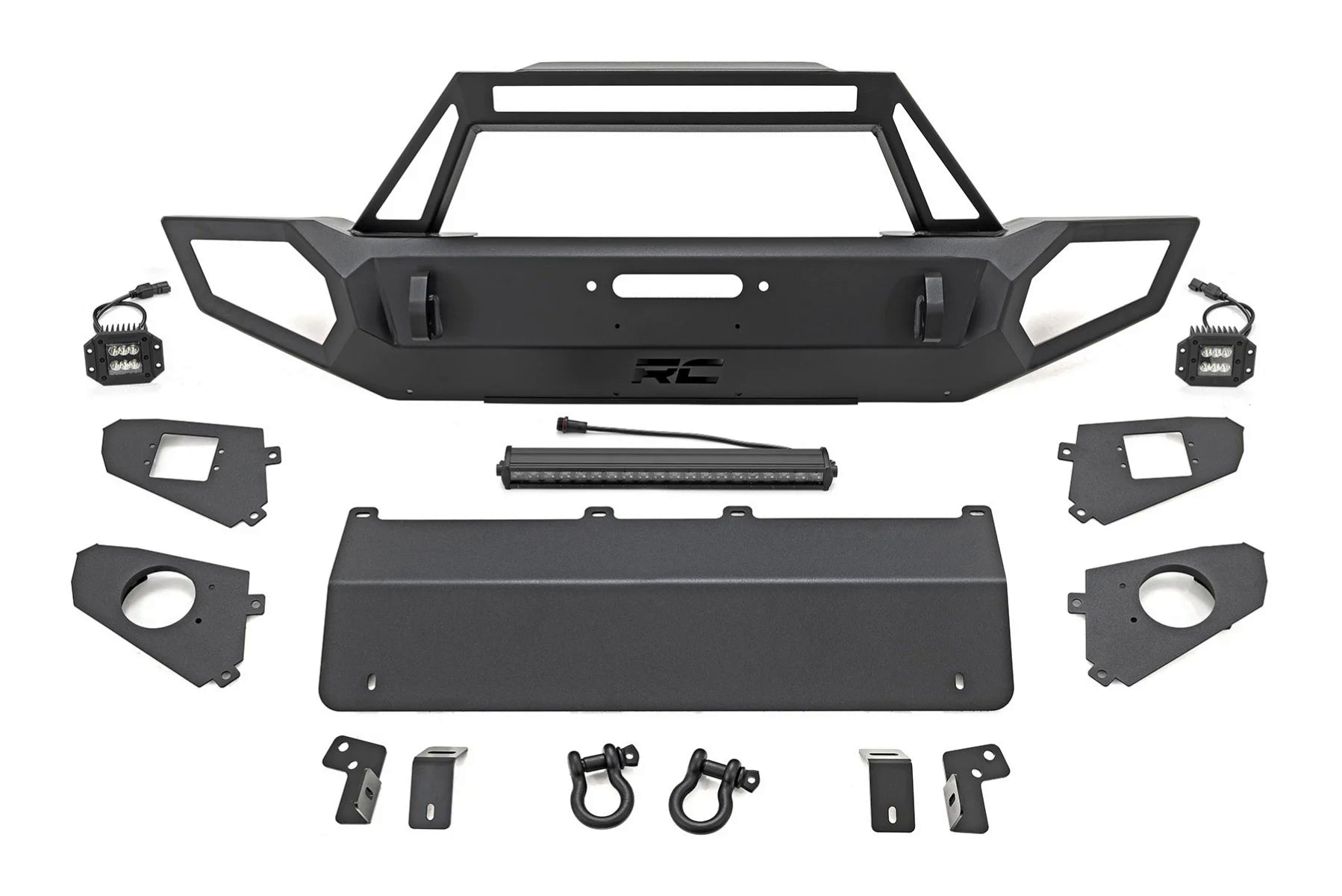Set of black automotive parts including a bumper and brackets on a white background