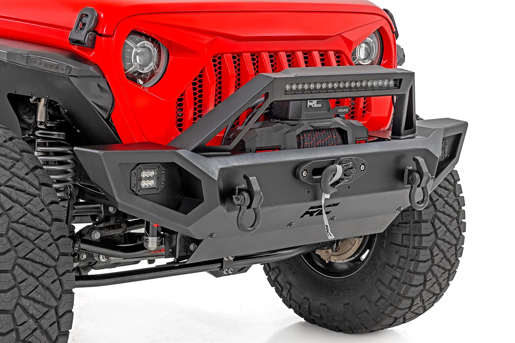 Red Jeep with a black front bumper on a white background