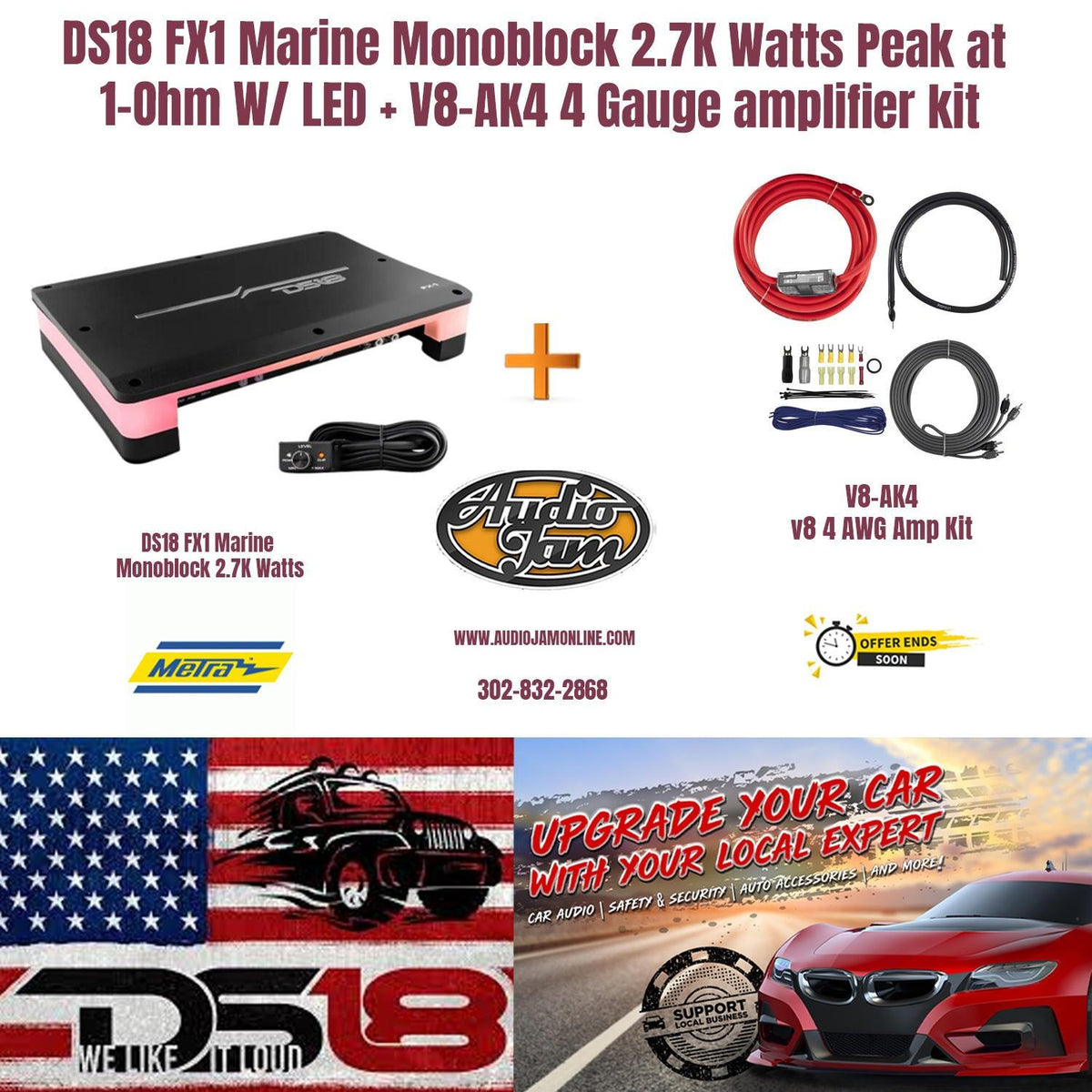 DS18 FX1 Marine Monoblock 2.7K Watts Peak at  1-Ohm W/ LED + V8-AK4 4 Gauge amplifier kit