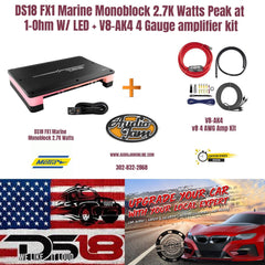 DS18 FX1 Marine Monoblock 2.7K Watts Peak at  1-Ohm W/ LED + V8-AK4 4 Gauge amplifier kit