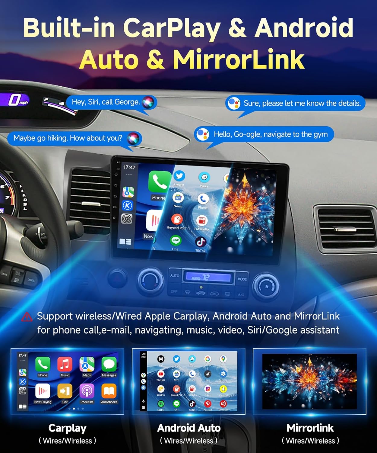Car dashboard with a touchscreen display featuring CarPlay, Android Auto, and MirrorLink functionalities.