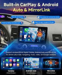 Car dashboard with a touchscreen display featuring CarPlay, Android Auto, and MirrorLink functionalities.