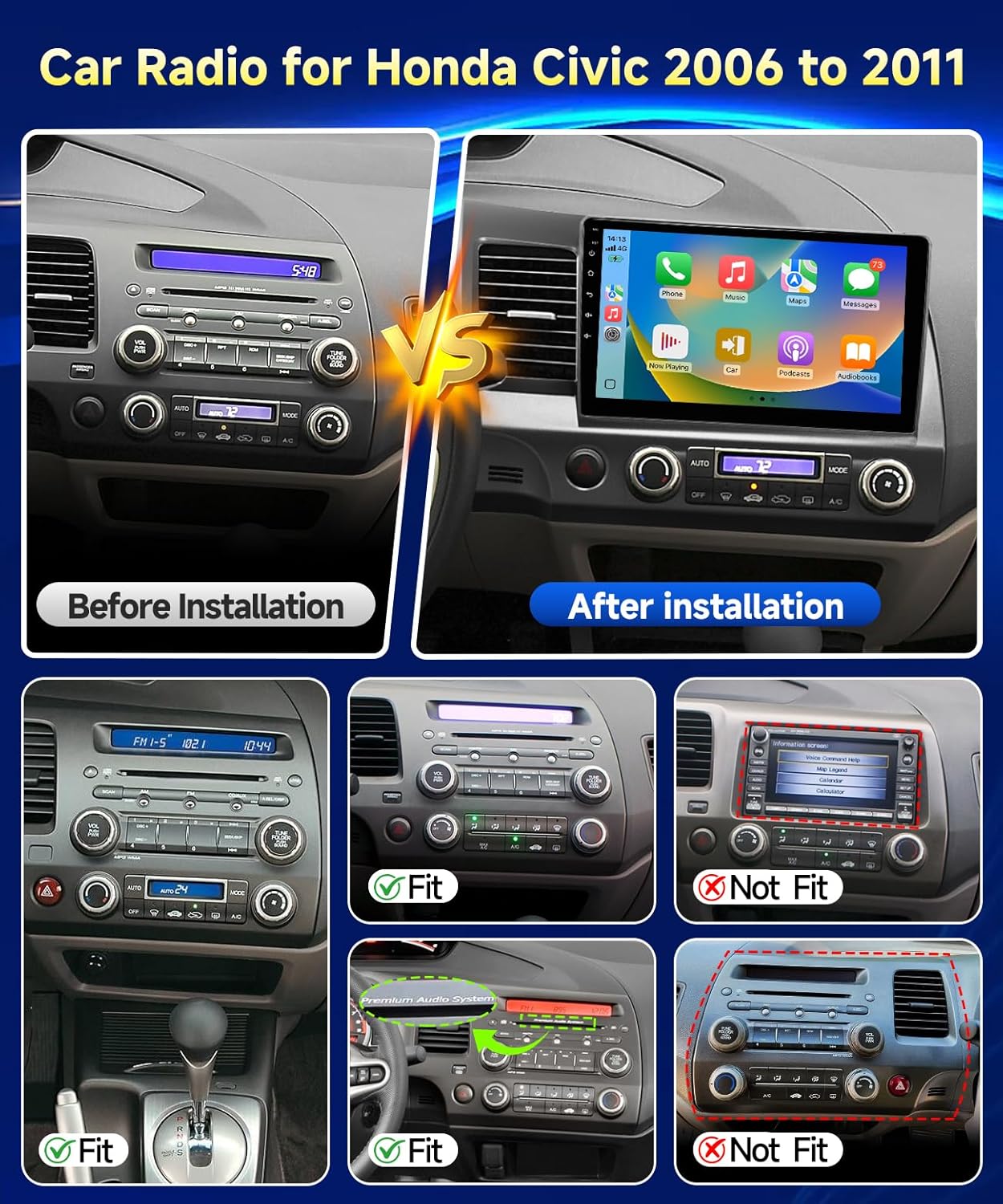 Before and after installation comparison of a car radio system for Honda Civic 2006 to 2011.