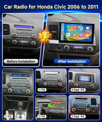 Before and after installation comparison of a car radio system for Honda Civic 2006 to 2011.