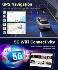 Picture for GPS navigation and 5G WiFi connectivity with a car on a road and digital interfaces.