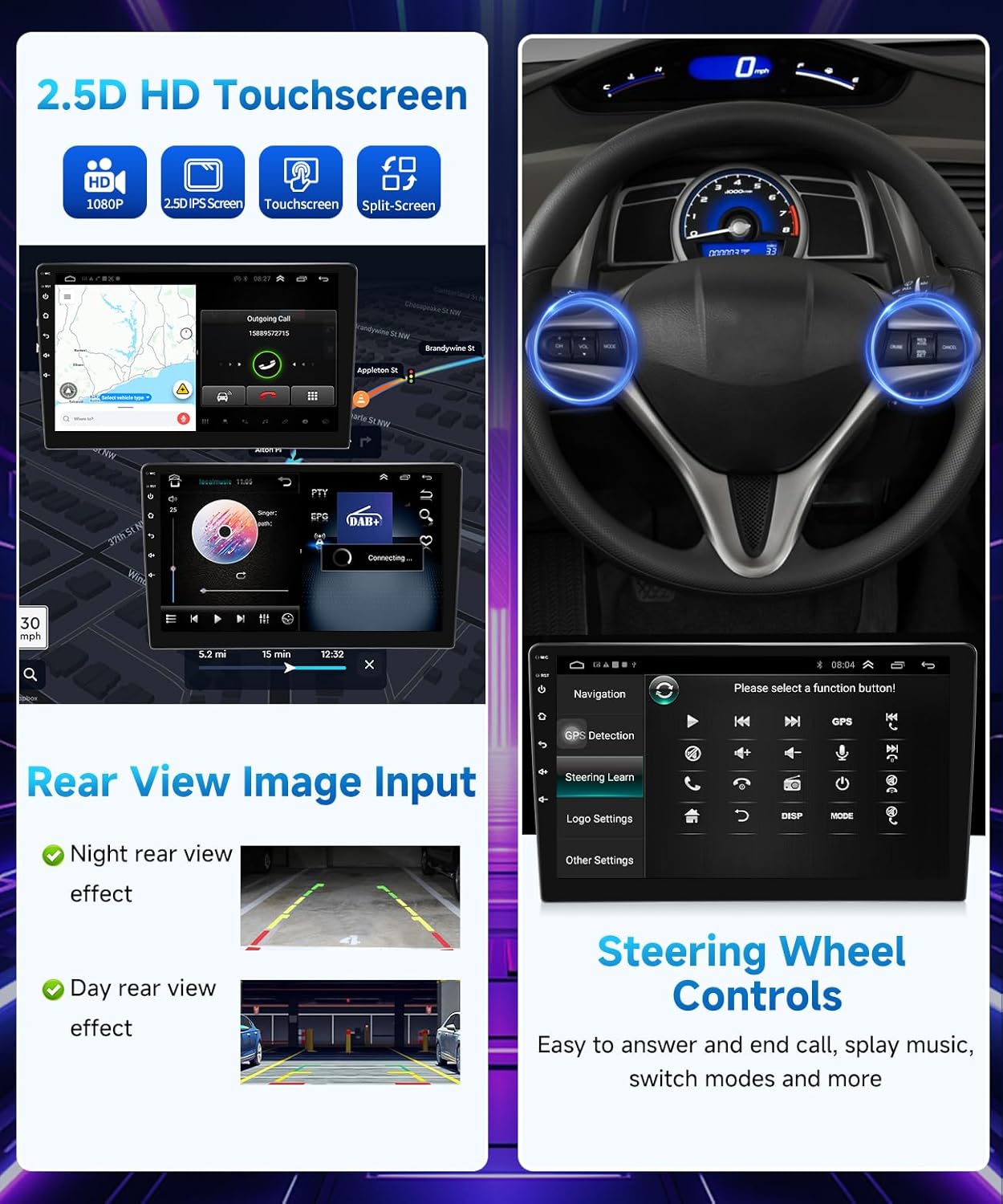 Car multimedia system with 2.5D HD touchscreen, rear view image input, and steering wheel controls.