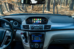 Car interior with dashboard and infotainment system displayed, surrounded by a forest.