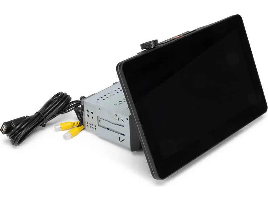 Car monitor with apple carplay and cable on a white background