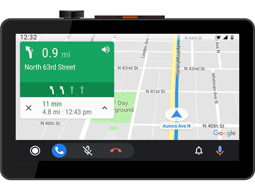 Car navigation system display with map and route information on a white background