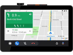 Car navigation system display with map and route information on a white background