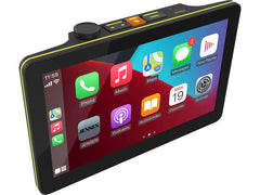 Car multimedia system with touchscreen display on a white background