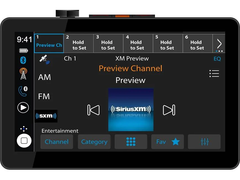 Car stereo system with touchscreen display showing SiriusXM interface