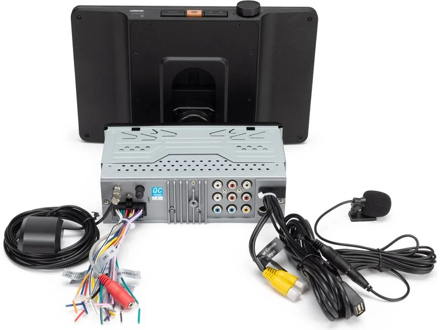 Car audio system with amplifier, screen, and wiring on a white background
