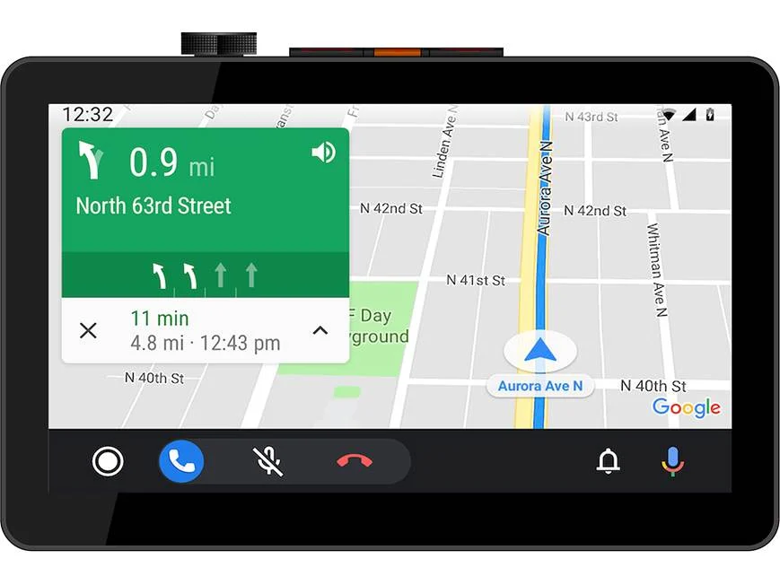 Car navigation system display with map and route information on a white background