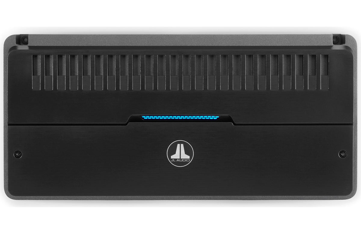 Black electronic device with a logo on a white background