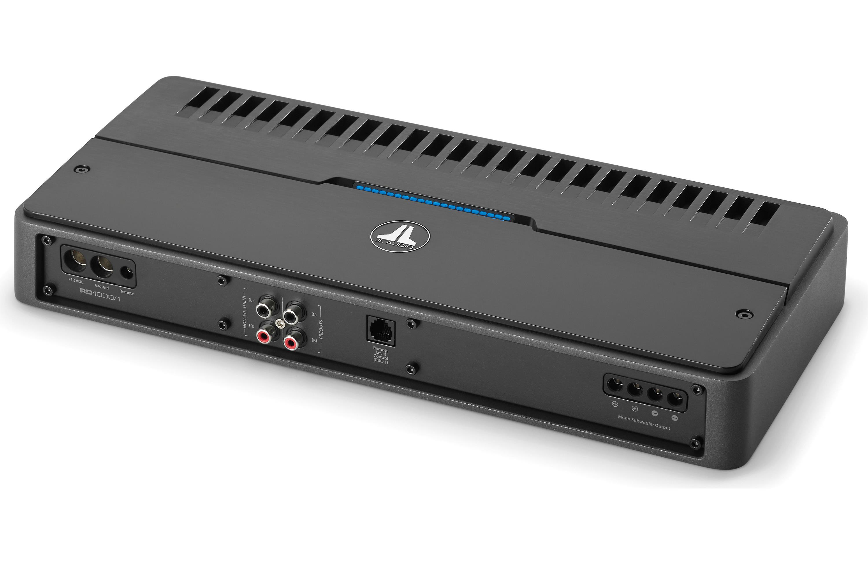 Black audio amplifier with JBL logo on a white background