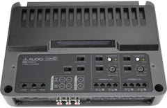 JL Audio amplifier with control panel on a white background