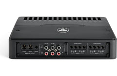 Black audio amplifier with brand logo on a white background