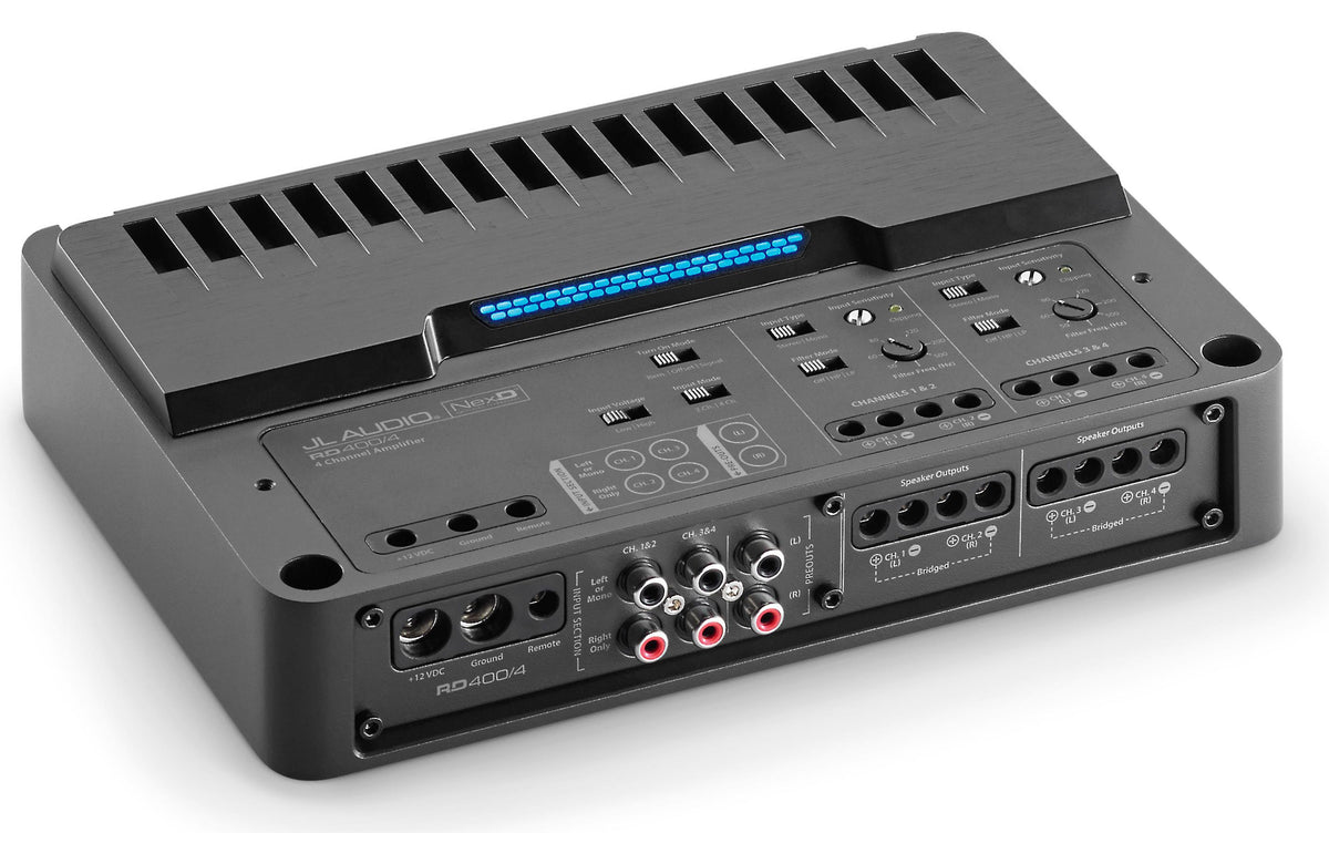 Black audio interface with multiple ports on a white background