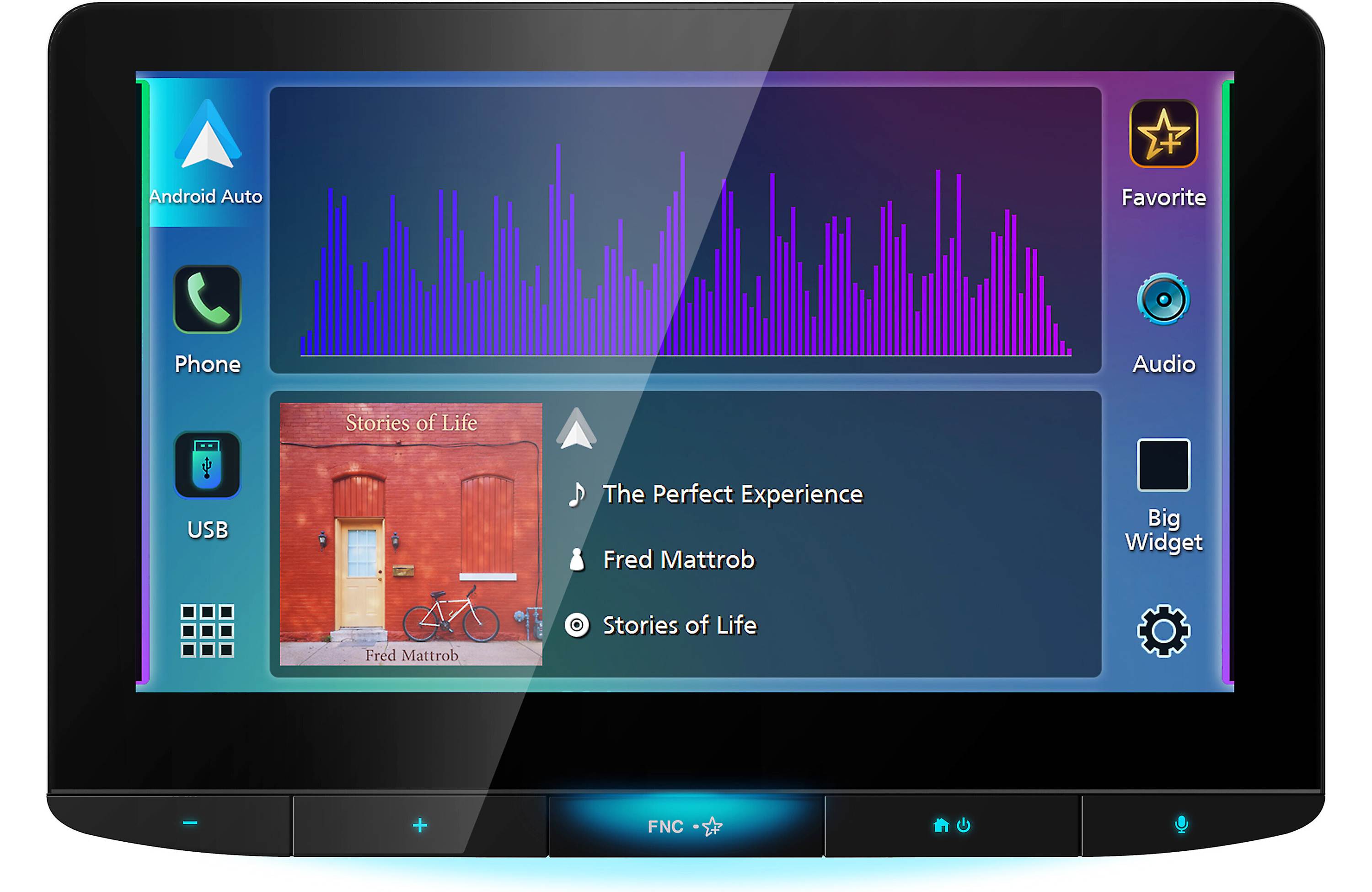 Car multimedia screen displaying music player interface with Android Auto and USB icons.