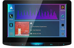 Car multimedia screen displaying music player interface with Android Auto and USB icons.