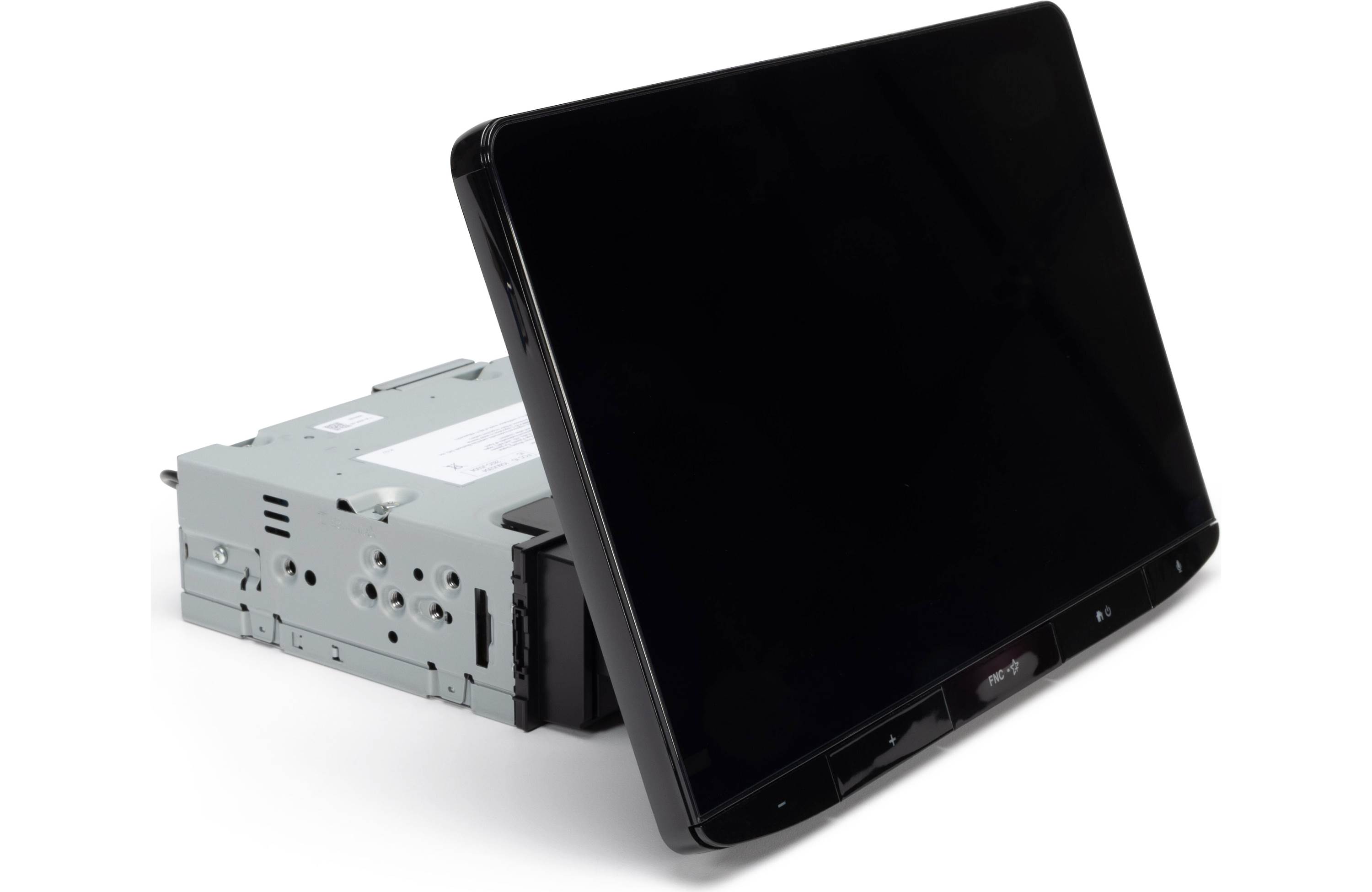 car stereo radio with a floating screen  on a white background