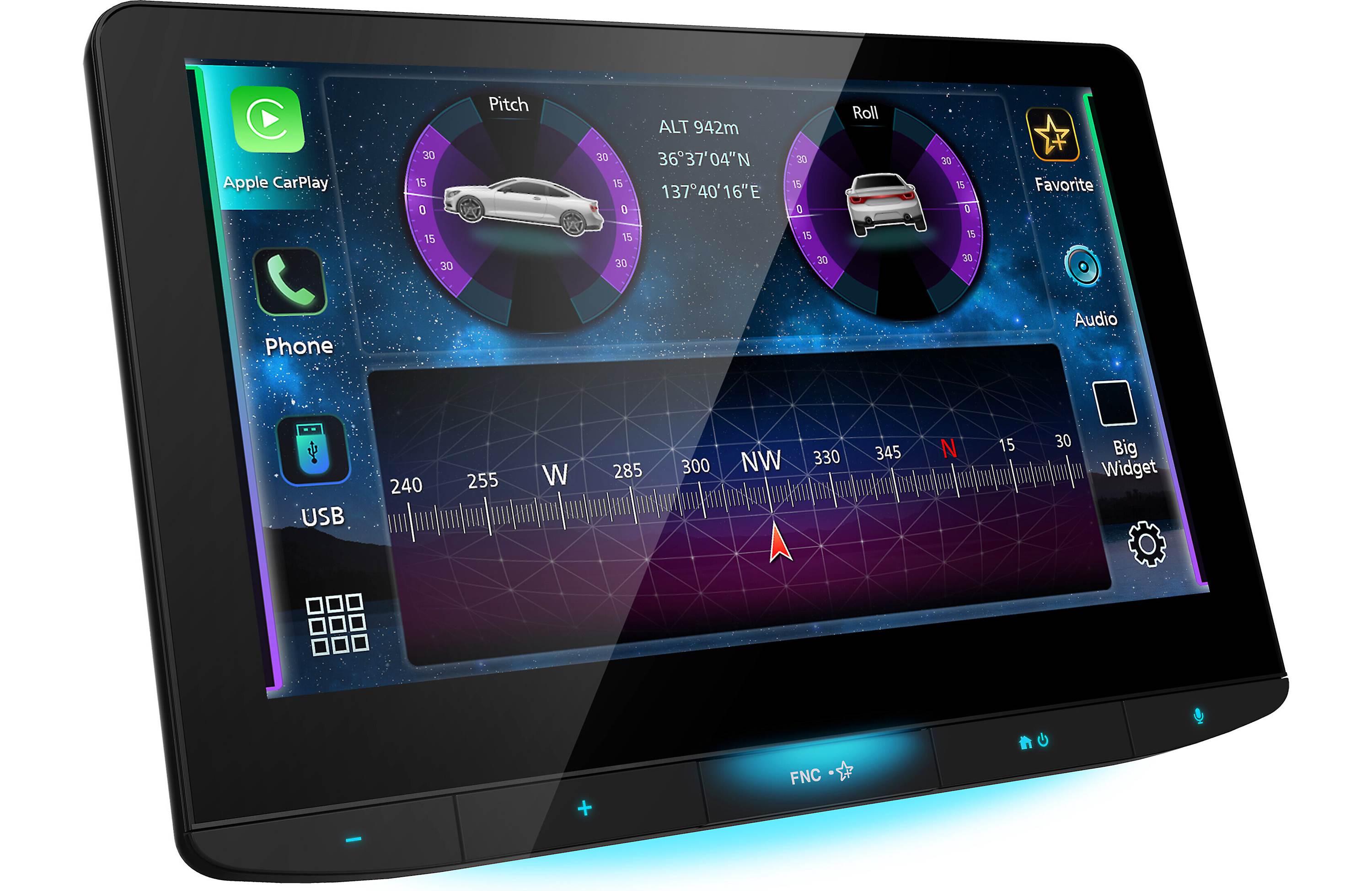 Car navigation system display with various icons and information on a white background
