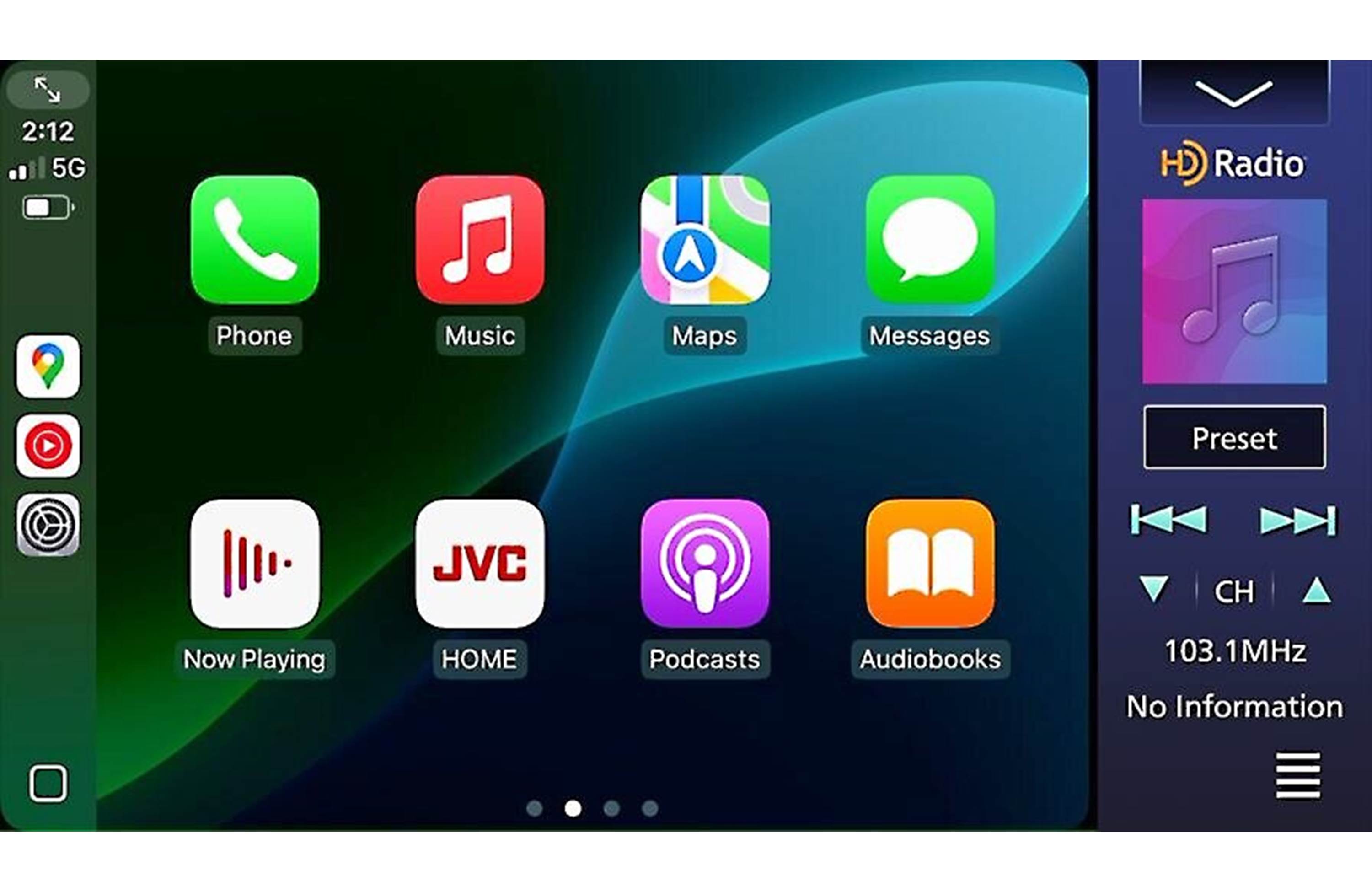 Car infotainment system with app icons on a touchscreen display.