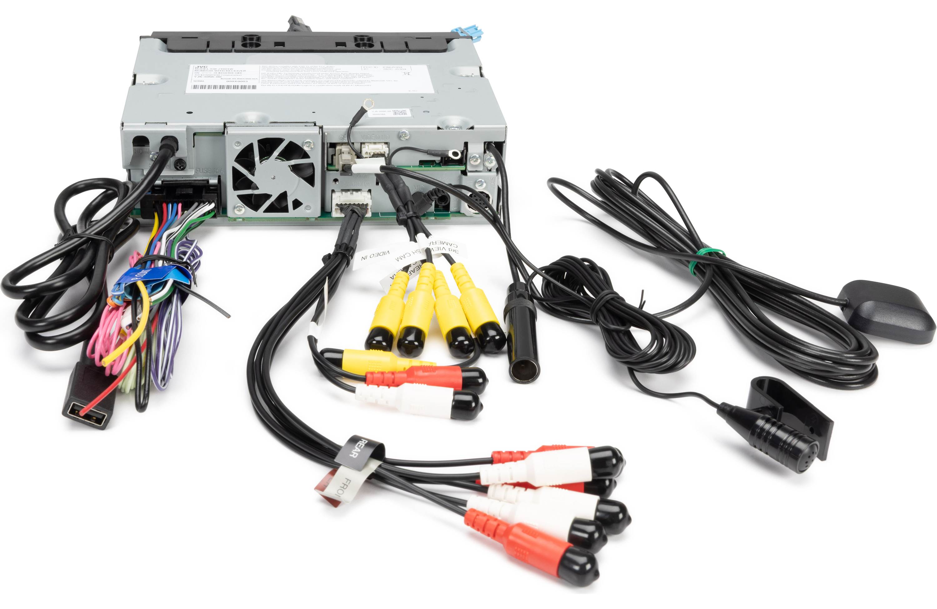 Car stereo system with wiring harnesses on a white background