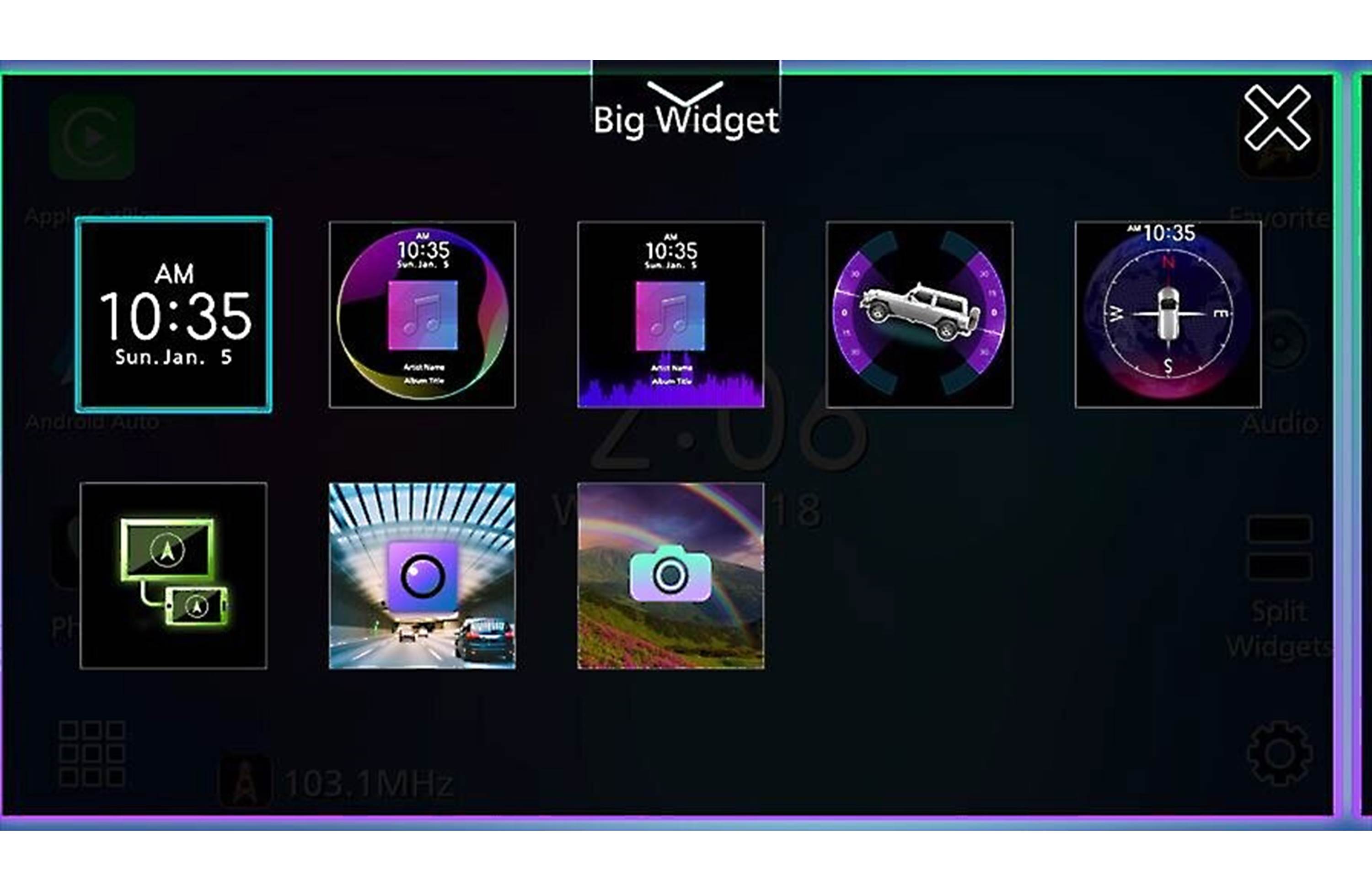 Digital Multimedia receiver with various widgets and icons on a dark background