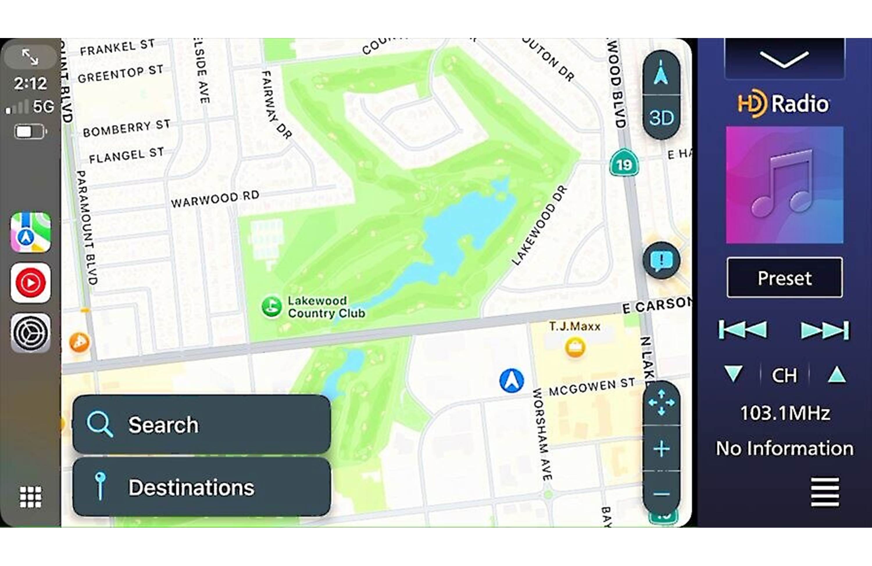 Car navigation system with map and radio interface on a smartphone screen