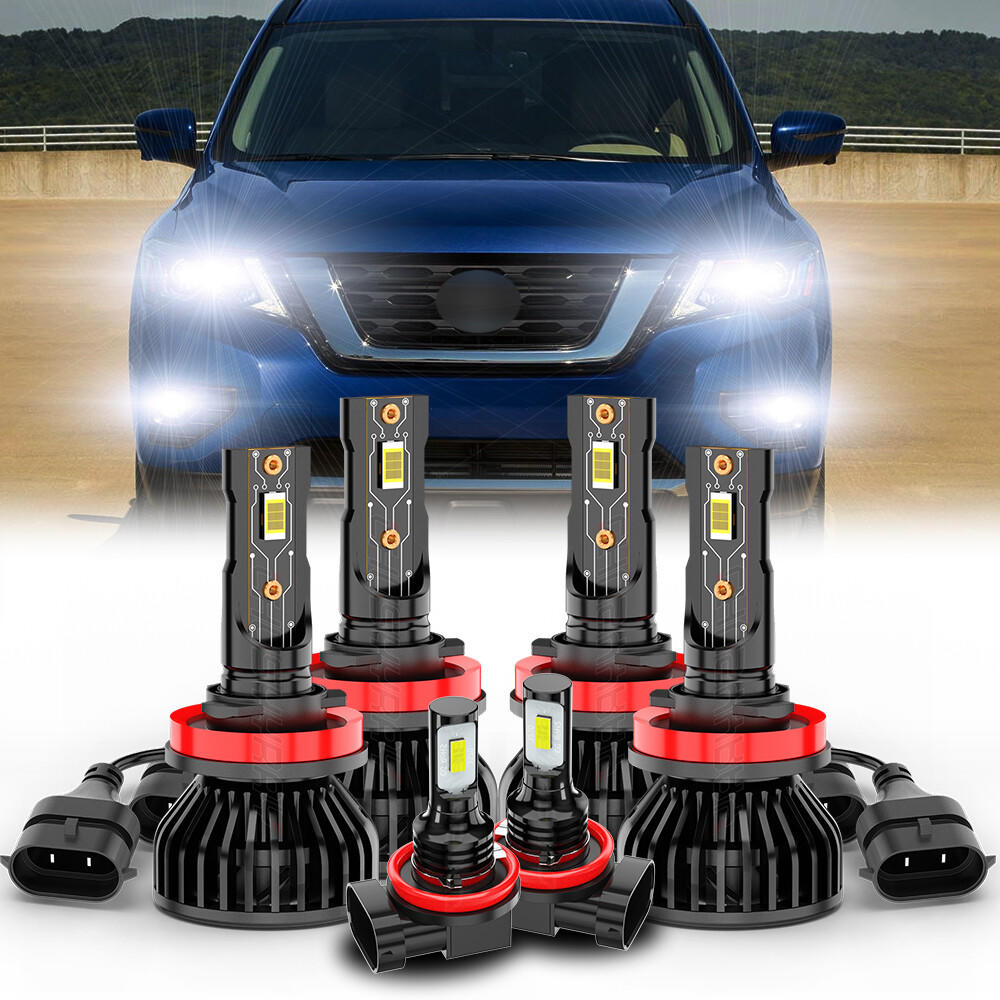 Set of car headlight bulbs with a blurred car in the background