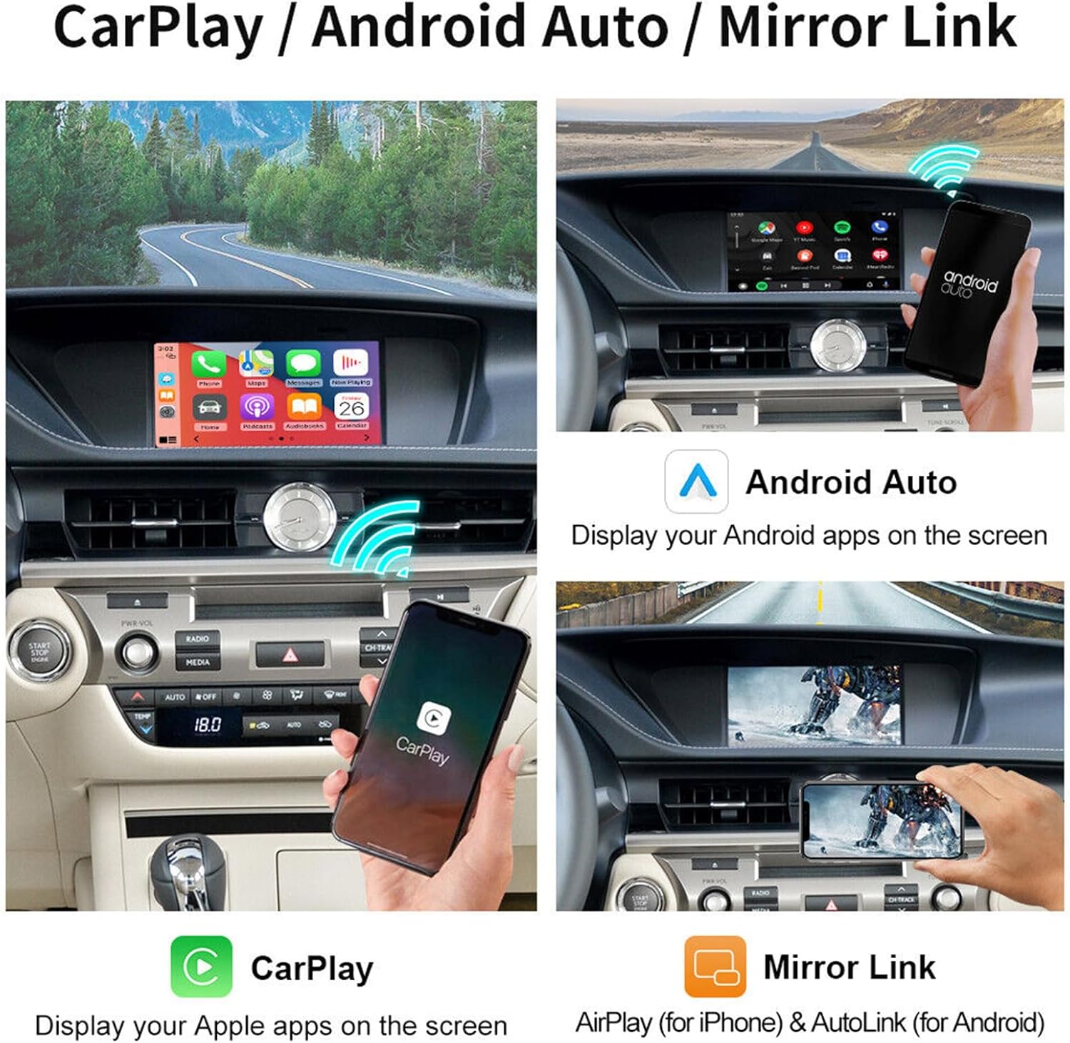 Collage of a car's infotainment system with CarPlay, Android Auto, and Mirror Link features.