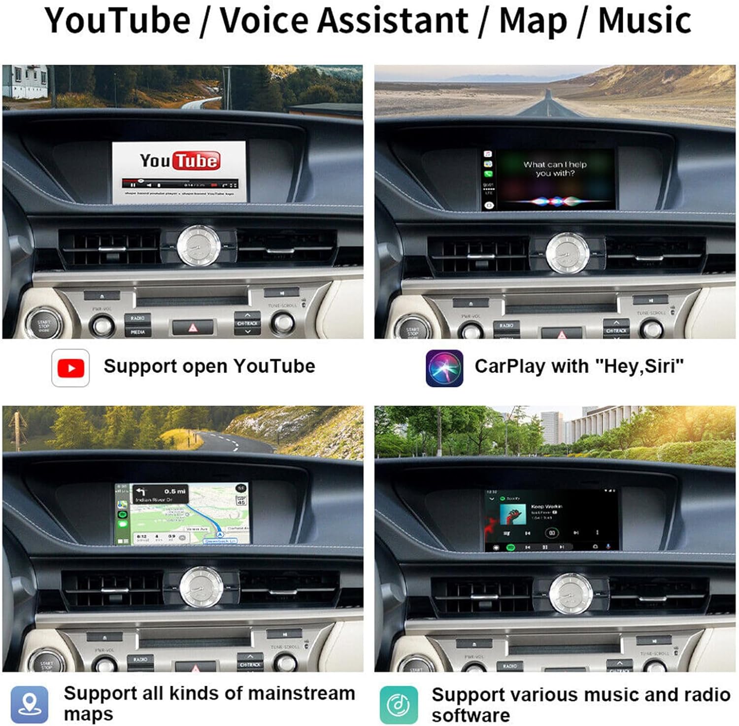 A car dashboard with digital displays for YouTube, a voice assistant, maps, and music.