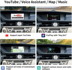 A car dashboard with digital displays for YouTube, a voice assistant, maps, and music.
