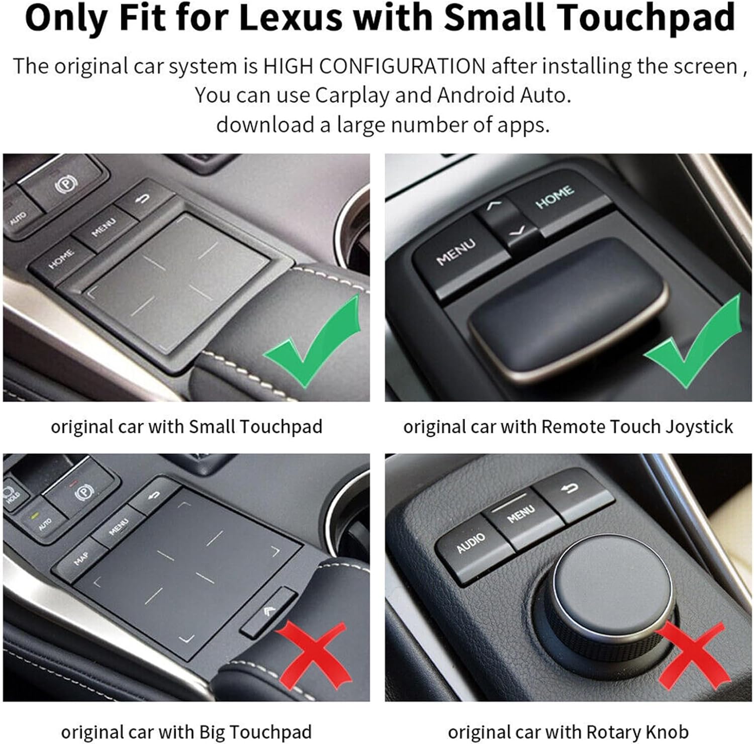 Car dashboard with touchpad and joystick options, highlighting compatibility with Lexus vehicles.