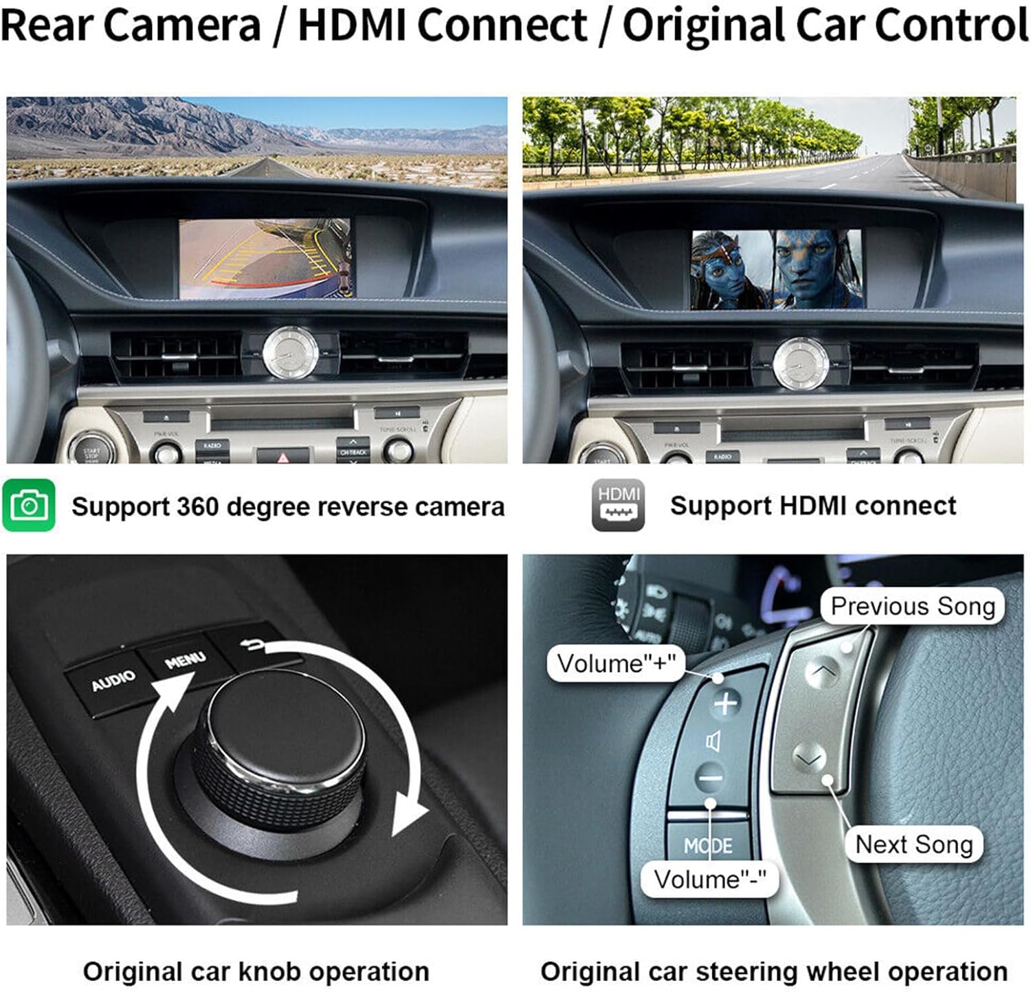 Car dashboard with various controls and displays, including a rear camera, HDMI connect, and steering wheel control.